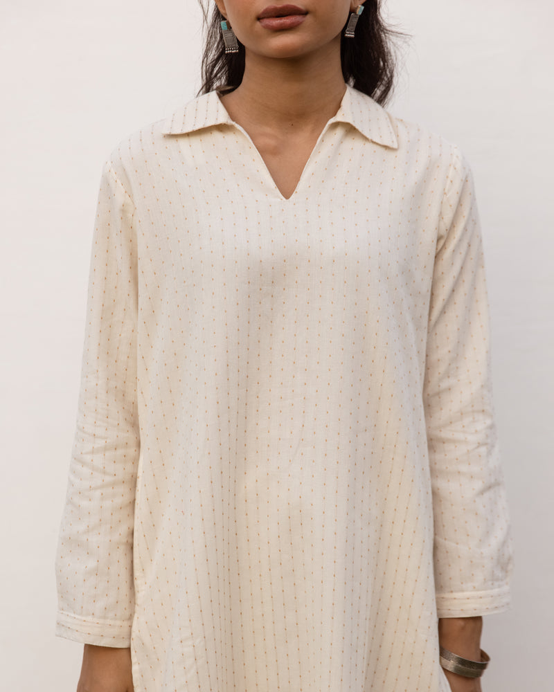 Off White Cotton Handloom Kurta Pant Set For Women's