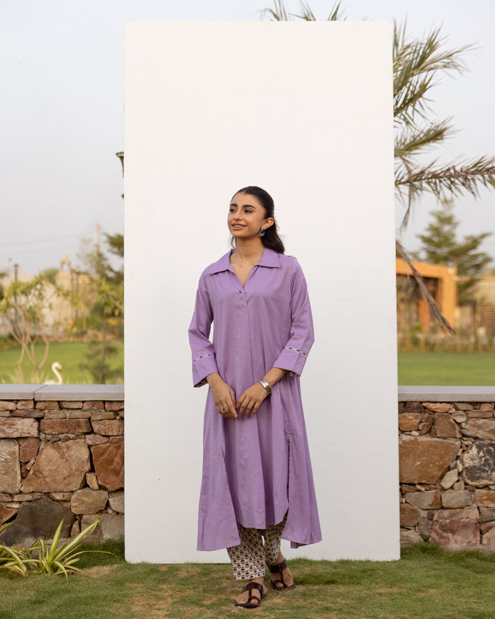 Lavendar Cotton Handloom Kurta Pant Set For Women's