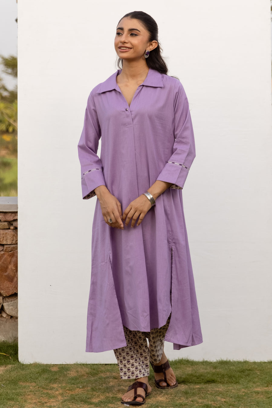 Lavender Cotton Handloom Kurta Pant Set For Women's