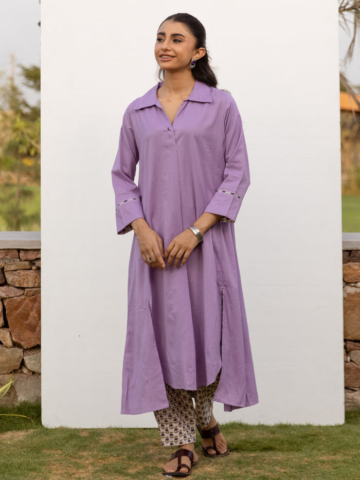 Lavendar Cotton Handloom Kurta Pant Set For Women's
