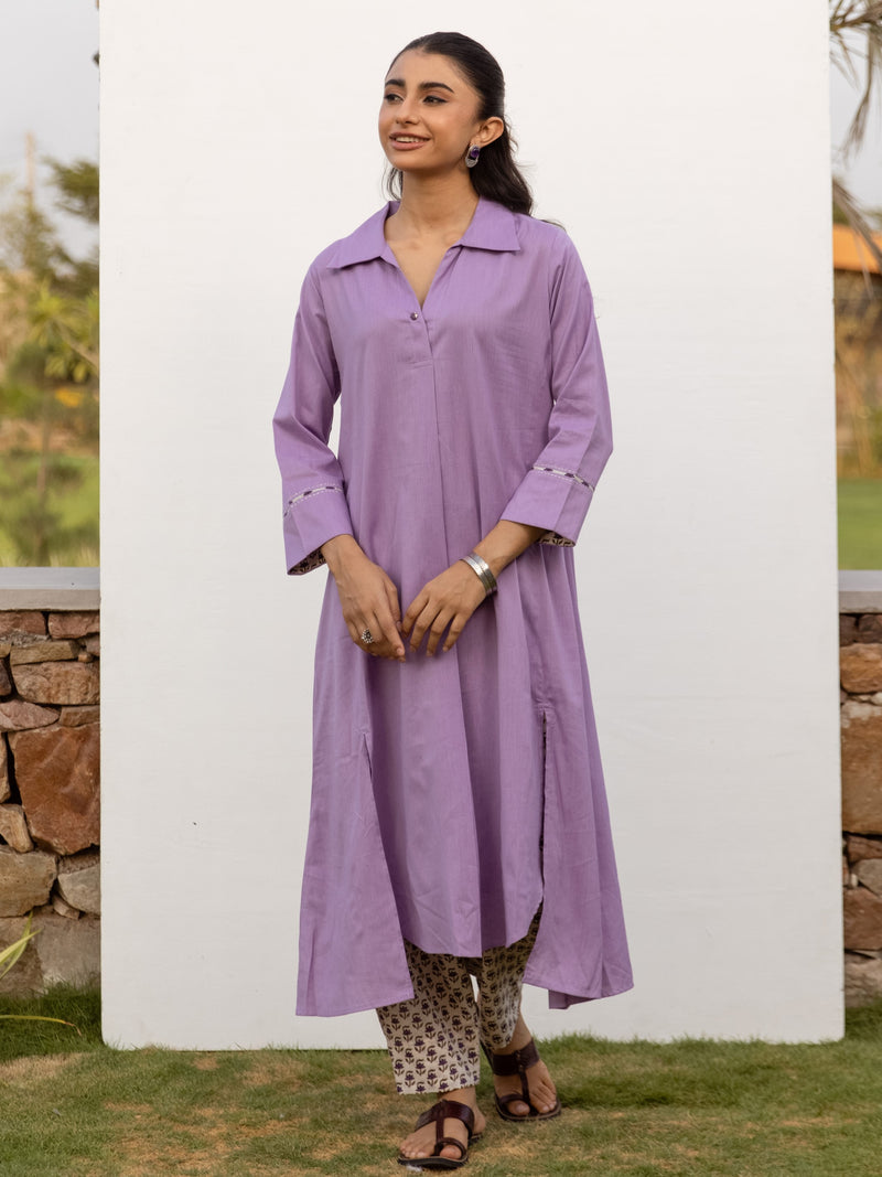 Lavendar Cotton Handloom Kurta Pant Set For Women's
