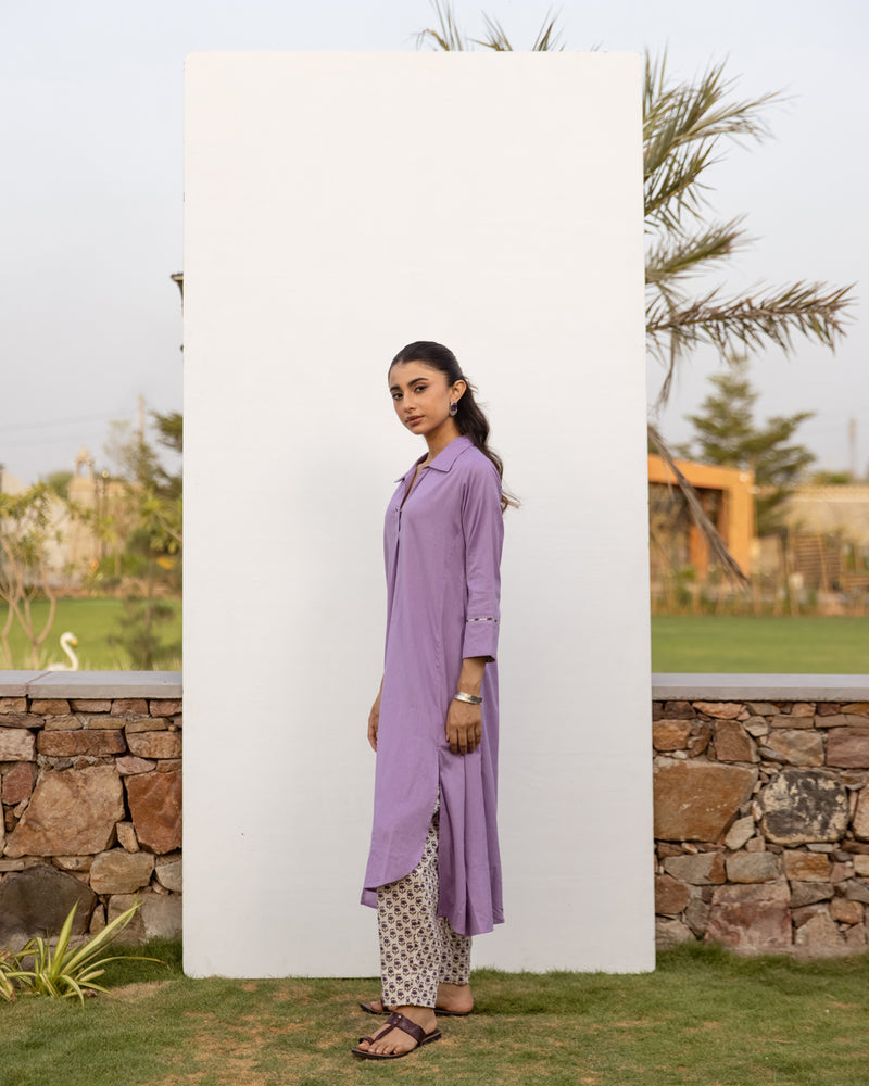Lavendar Cotton Handloom Kurta Pant Set For Women's