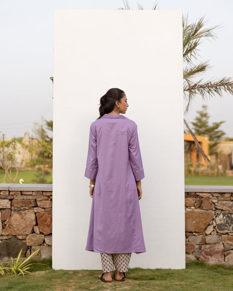 Lavendar Cotton Handloom Kurta Pant Set For Women's