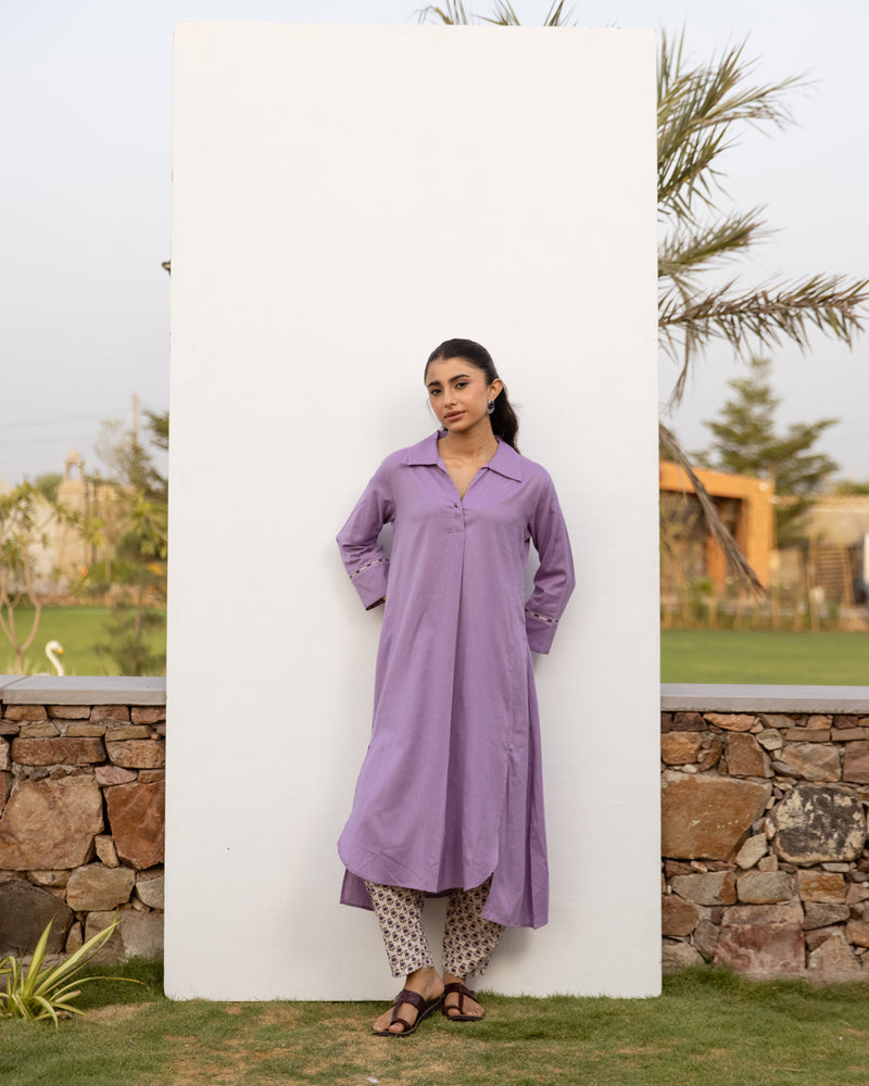 Lavendar Cotton Handloom Kurta Pant Set For Women's