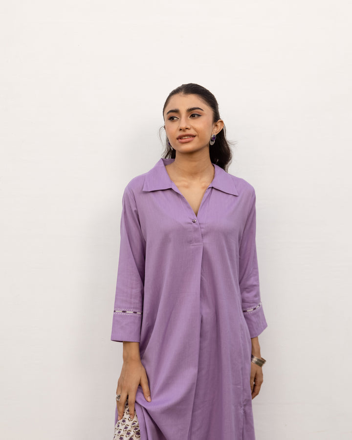 Lavendar Cotton Handloom Kurta Pant Set For Women's