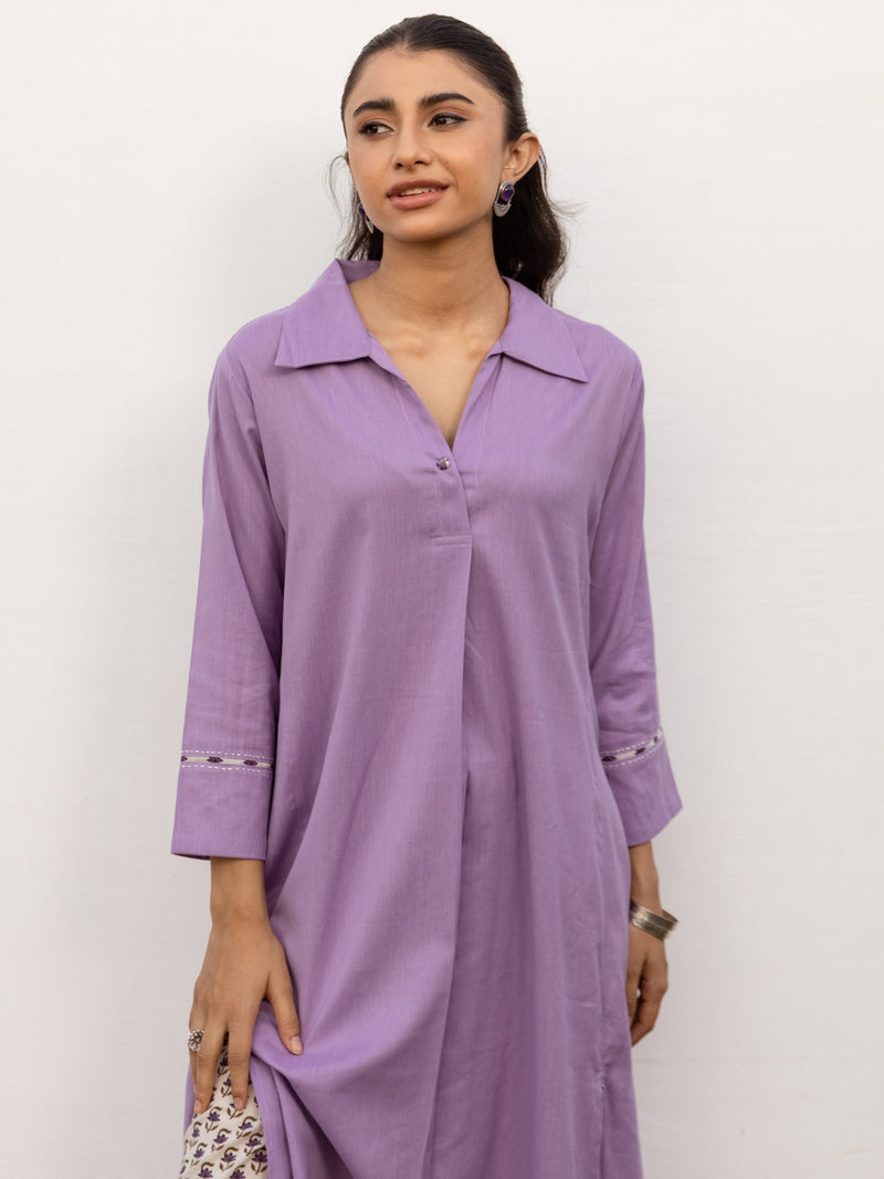 Lavendar Cotton Handloom Kurta Pant Set For Women's