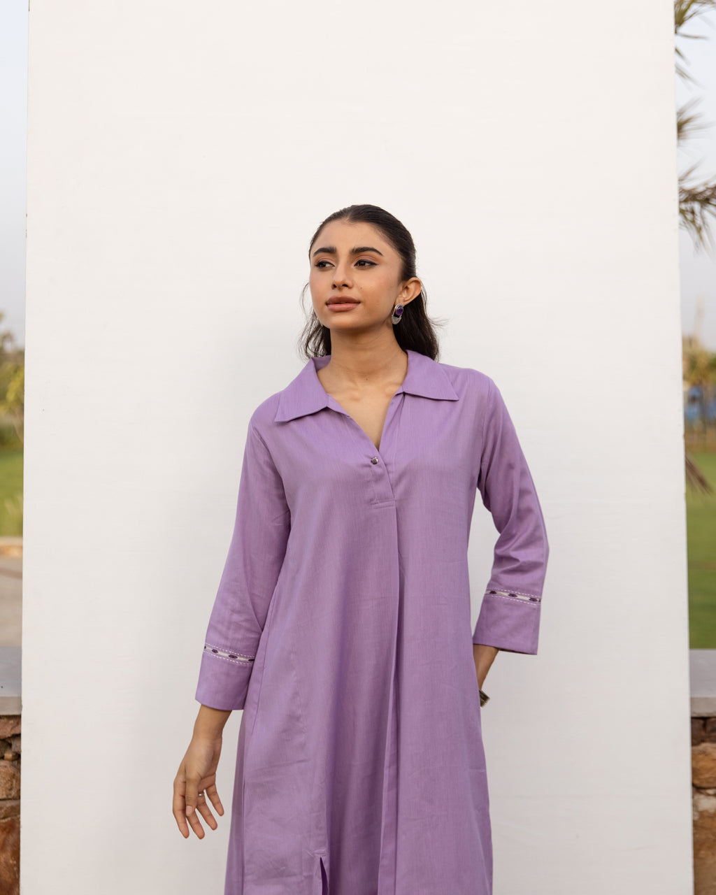 Lavender Cotton Handloom Kurta Pant Set For Women's