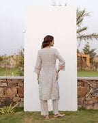 White Striped Cotton Handloom Round Neck Kurta Pant Set For Women's