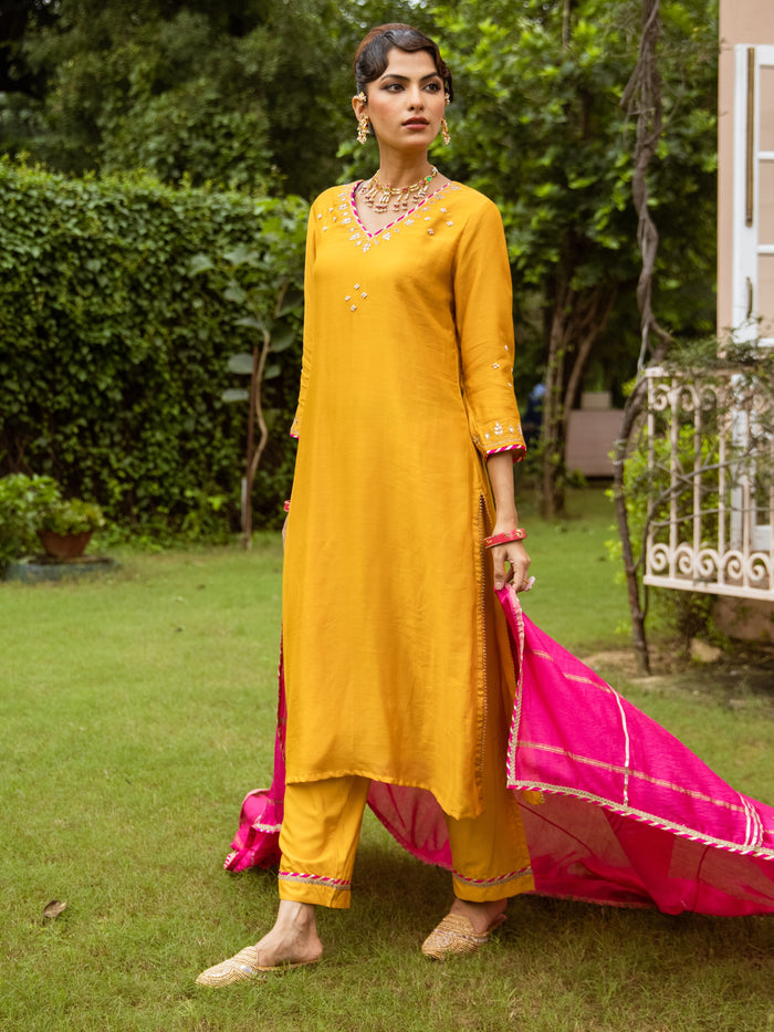 Yellow Pure Silk Chanderi Complete Suit Set For Women's