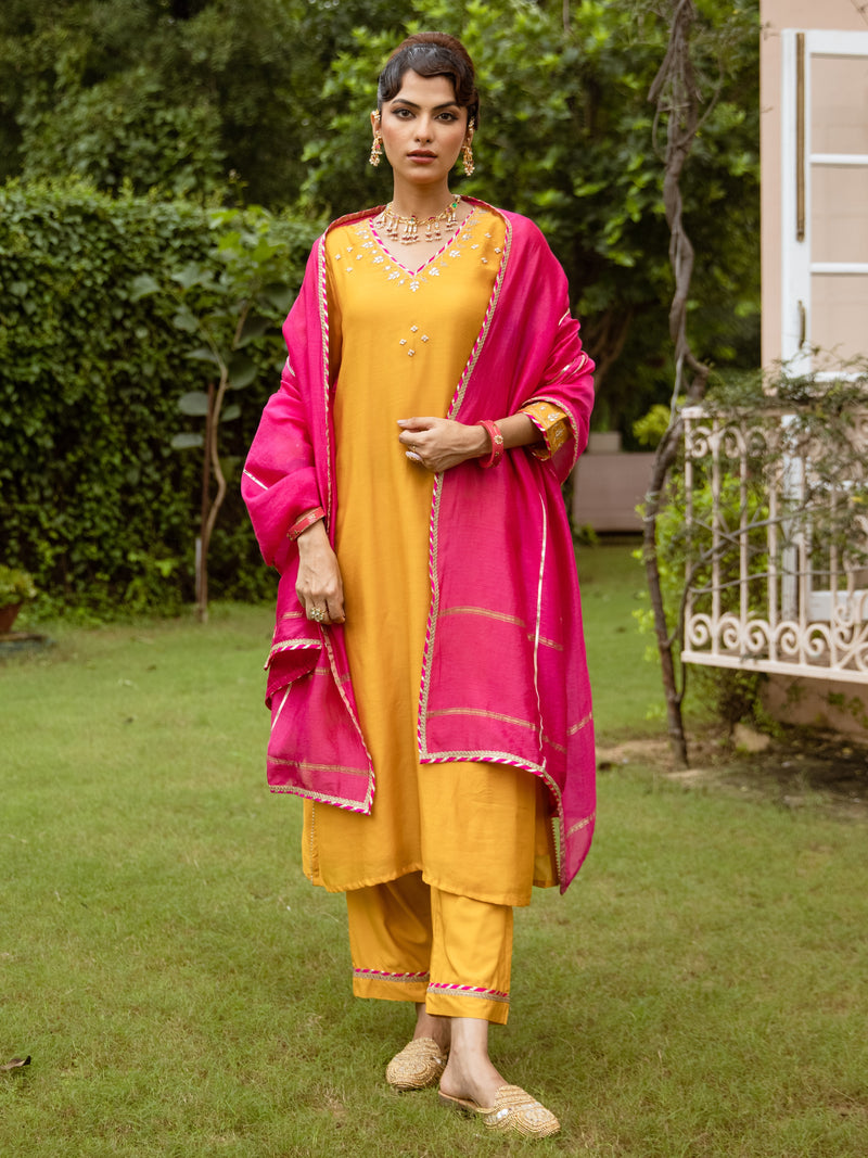 Yellow Pure Silk Chanderi Complete Suit Set For Women's