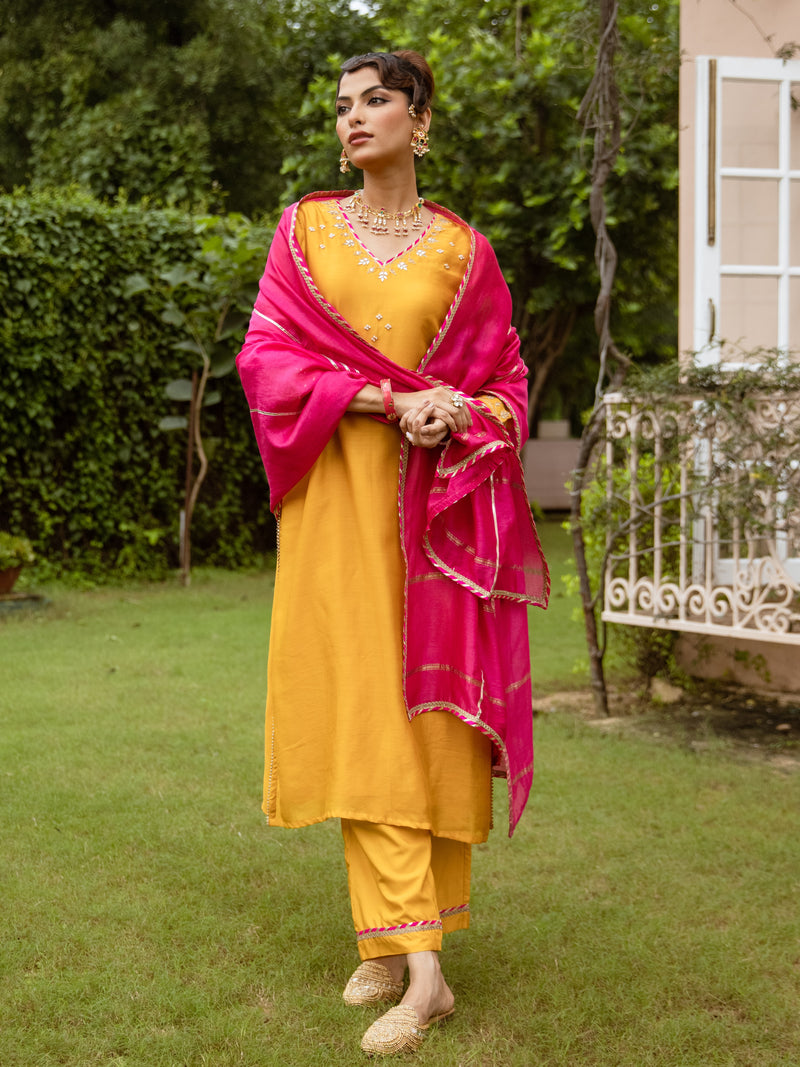 Yellow Pure Silk Chanderi Complete Suit Set For Women's