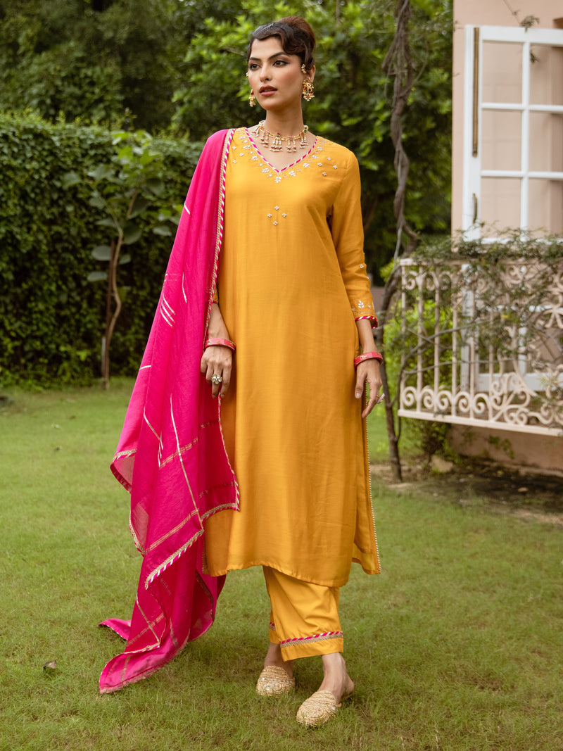 Yellow Pure Silk Chanderi Complete Suit Set For Women's
