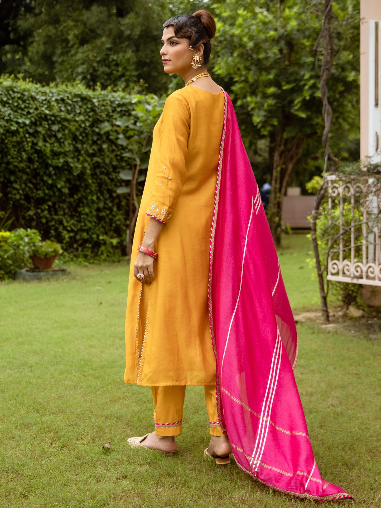 Yellow Pure Silk Chanderi Complete Suit Set For Women's