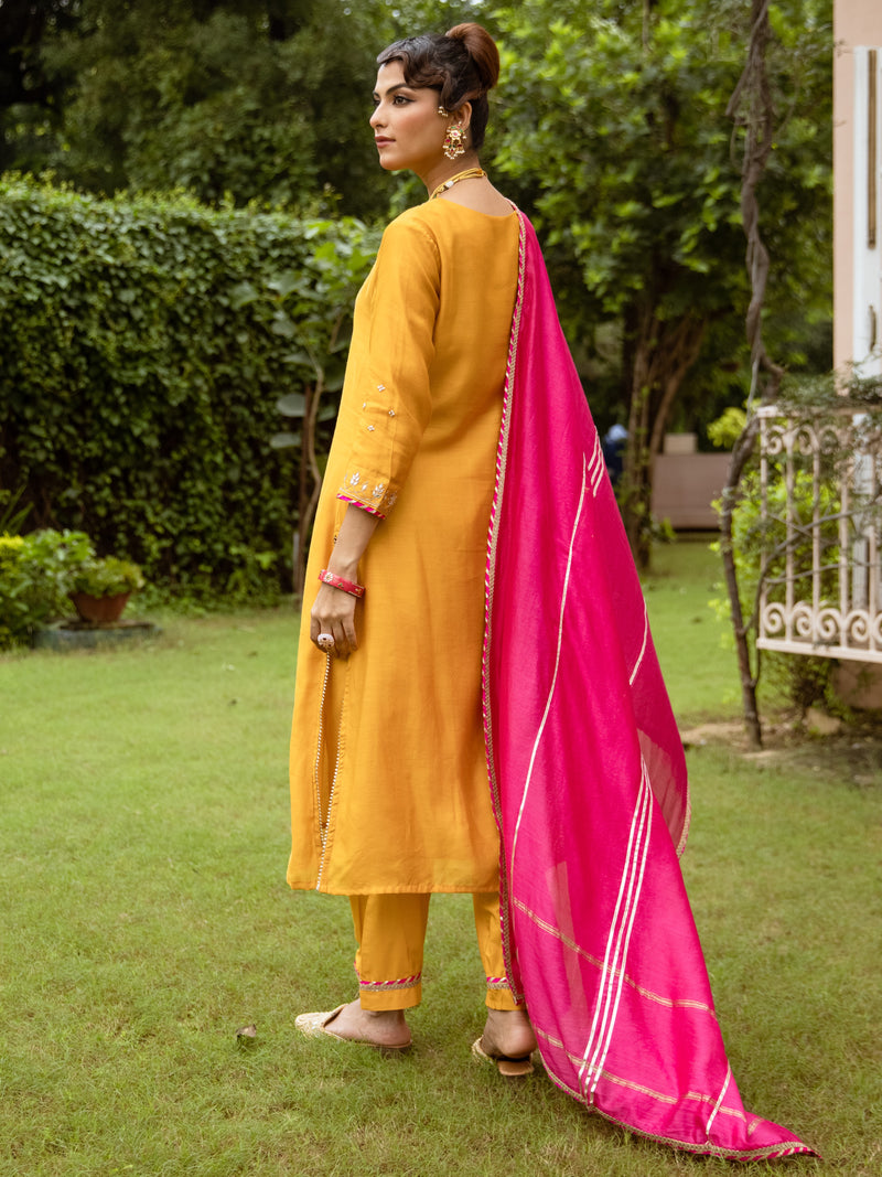Yellow Pure Silk Chanderi Complete Suit Set For Women's