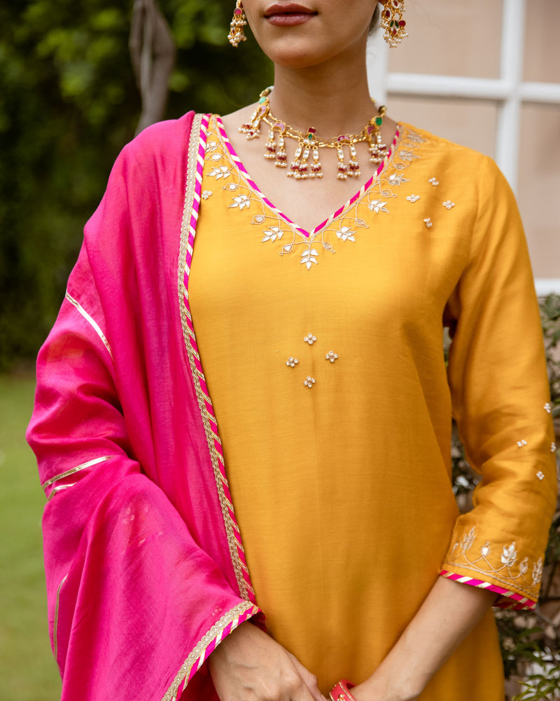 Yellow Pure Silk Chanderi Complete Suit Set For Women's