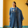 Blue Pure Silk Chanderi Complete Suit Set For Women's