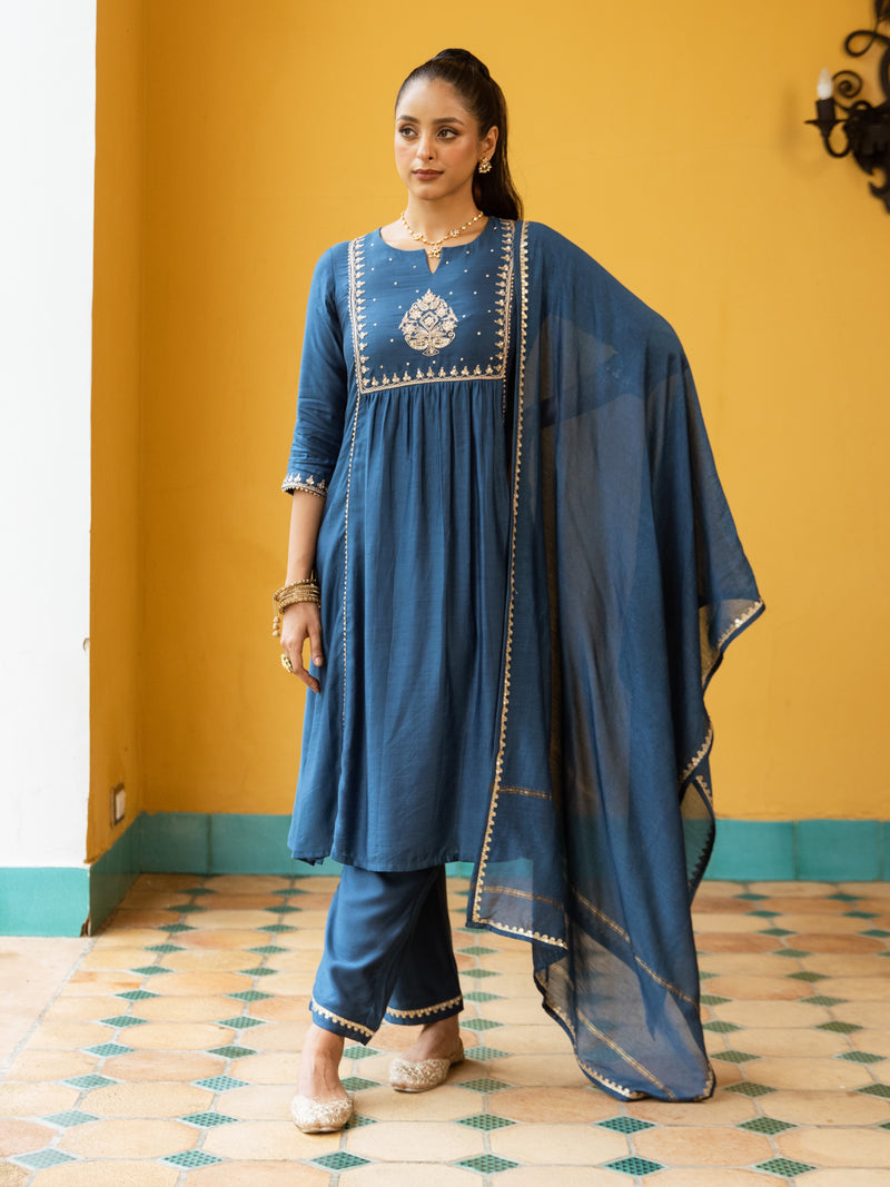 Blue Pure Silk Chanderi Complete Suit Set For Women's