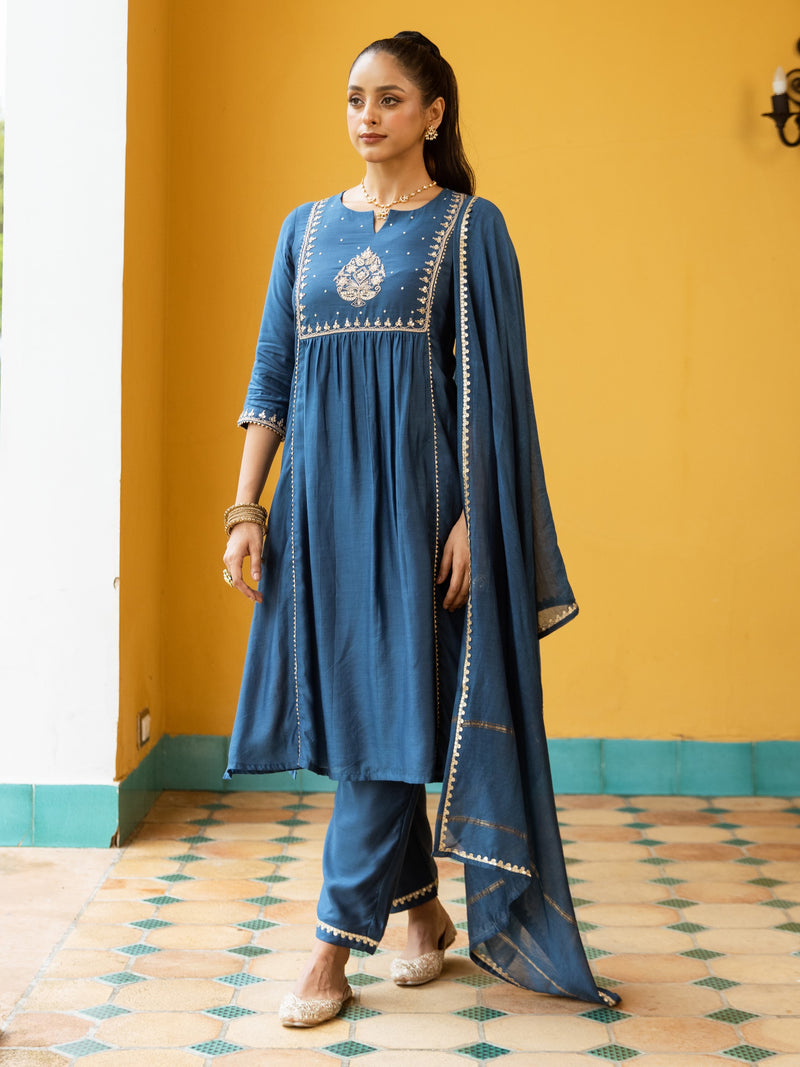 Blue Pure Silk Chanderi Complete Suit Set For Women's