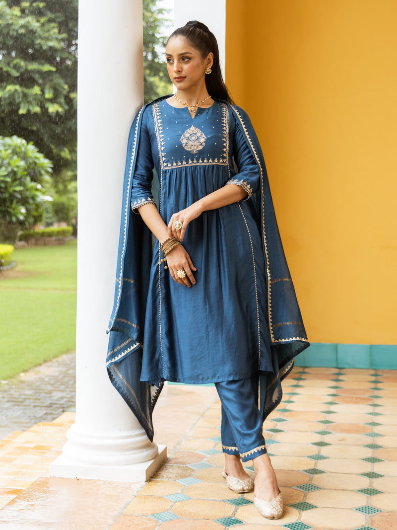 Blue Pure Silk Chanderi Complete Suit Set For Women's