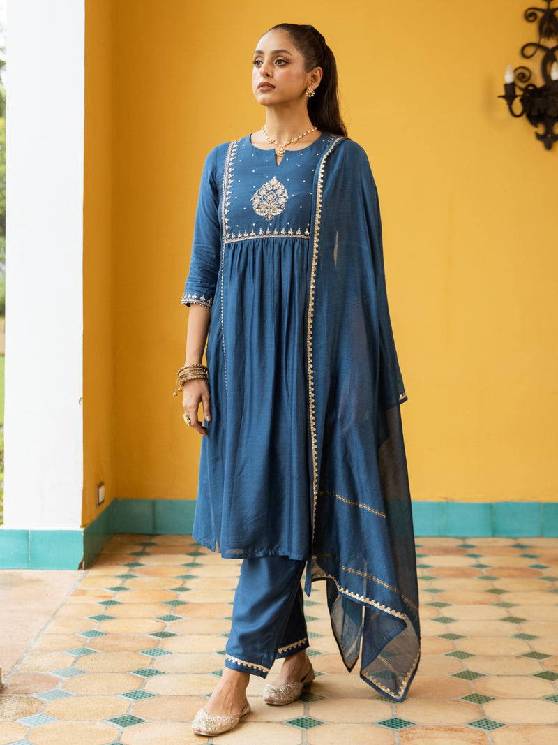 Blue Pure Silk Chanderi Complete Suit Set For Women's