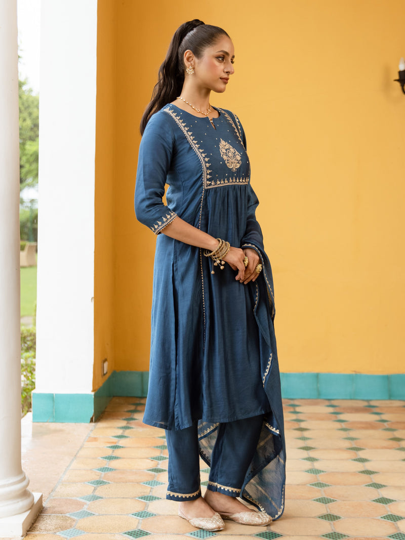 Blue Pure Silk Chanderi Complete Suit Set For Women's