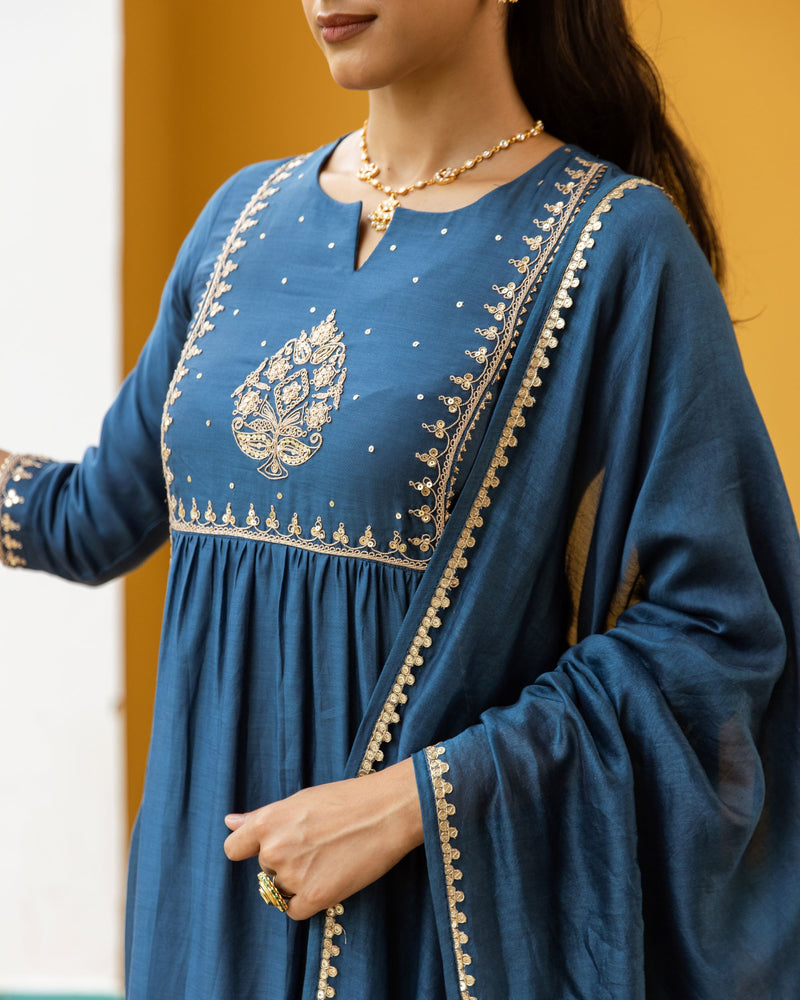 Blue Pure Silk Chanderi Complete Suit Set For Women's