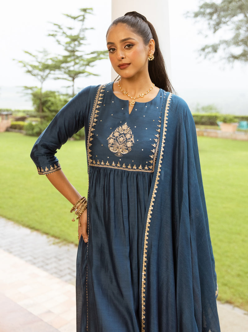 Blue Pure Silk Chanderi Complete Suit Set For Women's