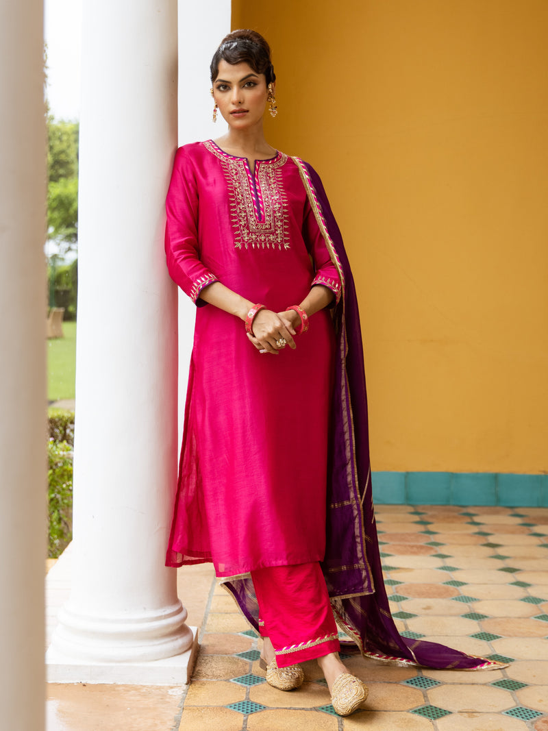 Magenta Chanderi Round Neck Complete Suit Set For Women's