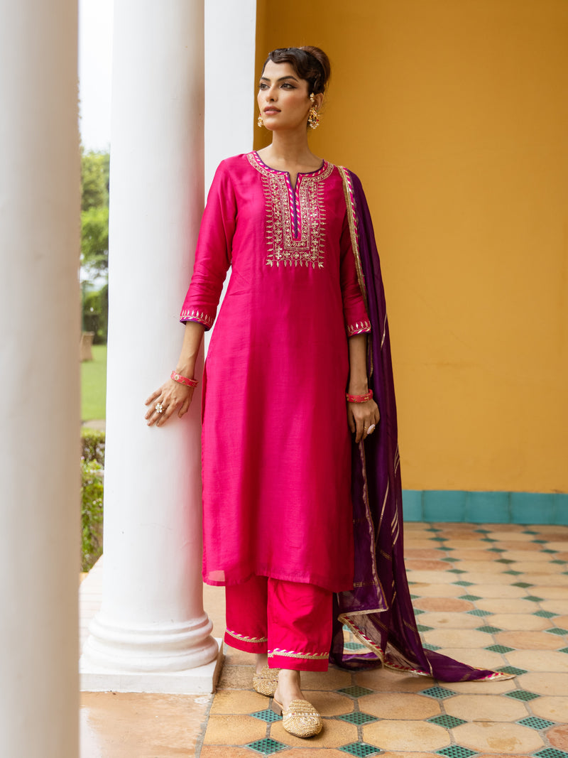 Magenta Chanderi Round Neck Complete Suit Set For Women's