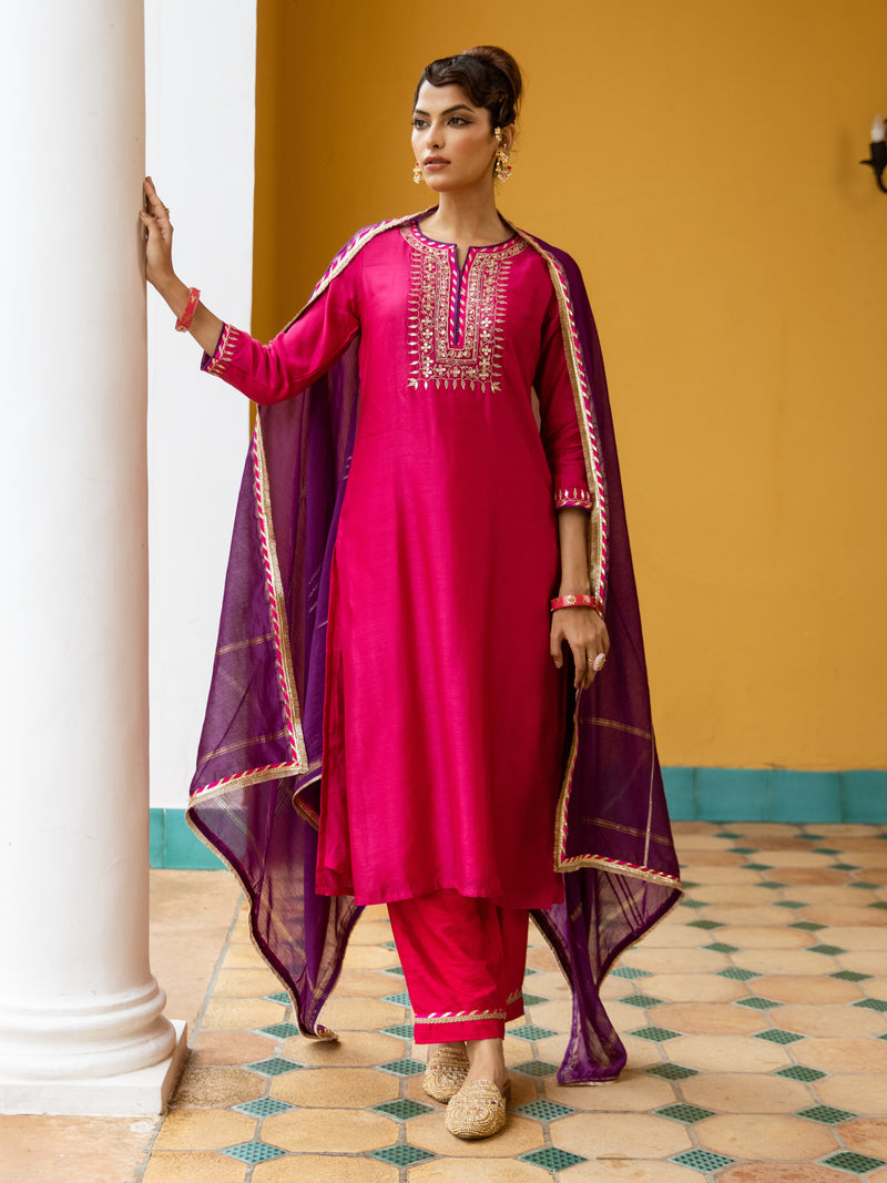 Magenta Chanderi Round Neck Complete Suit Set For Women's