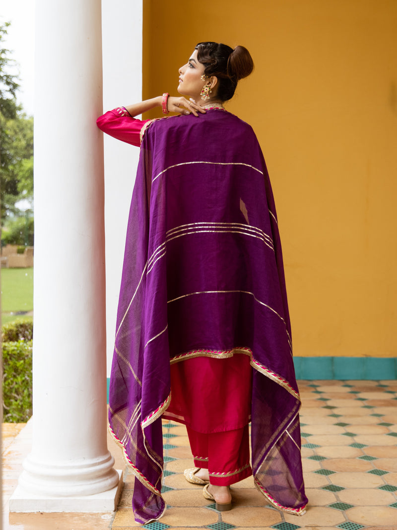 Magenta Chanderi Round Neck Complete Suit Set For Women's