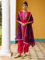 Magenta Chanderi Round Neck Complete Suit Set For Women's