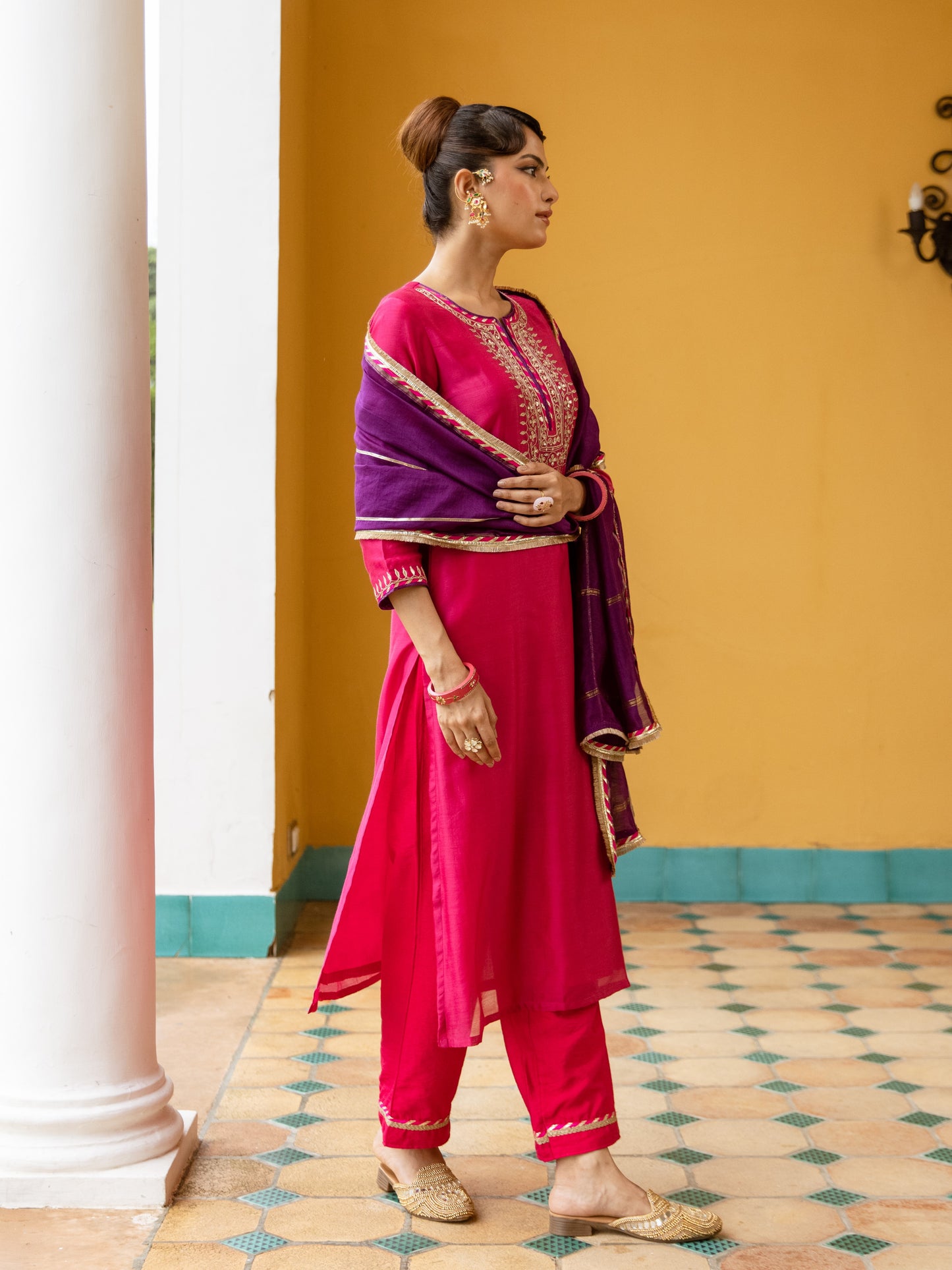 Magenta Chanderi Round Neck Complete Suit Set For Women's