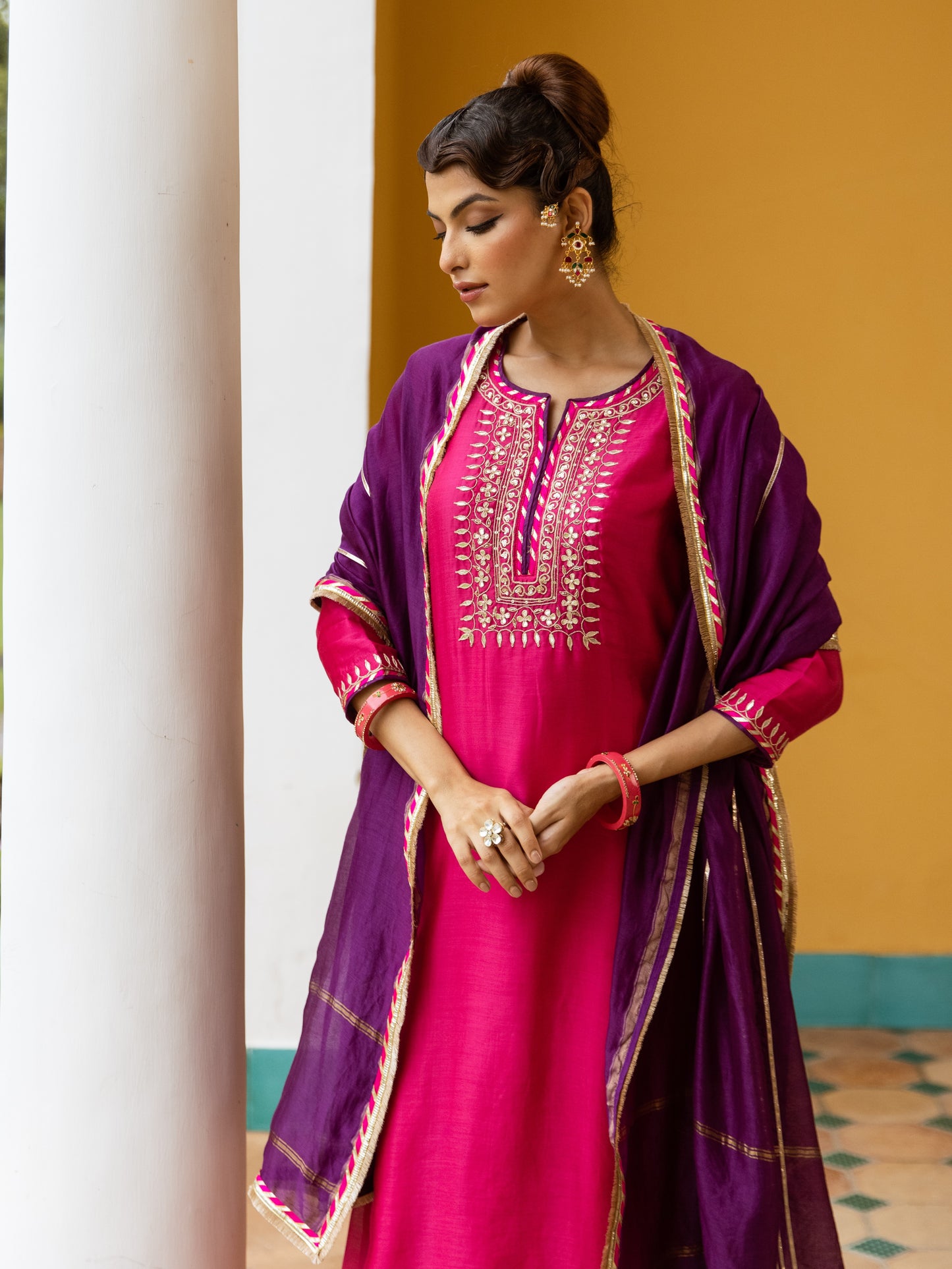 Magenta Chanderi Round Neck Complete Suit Set For Women's