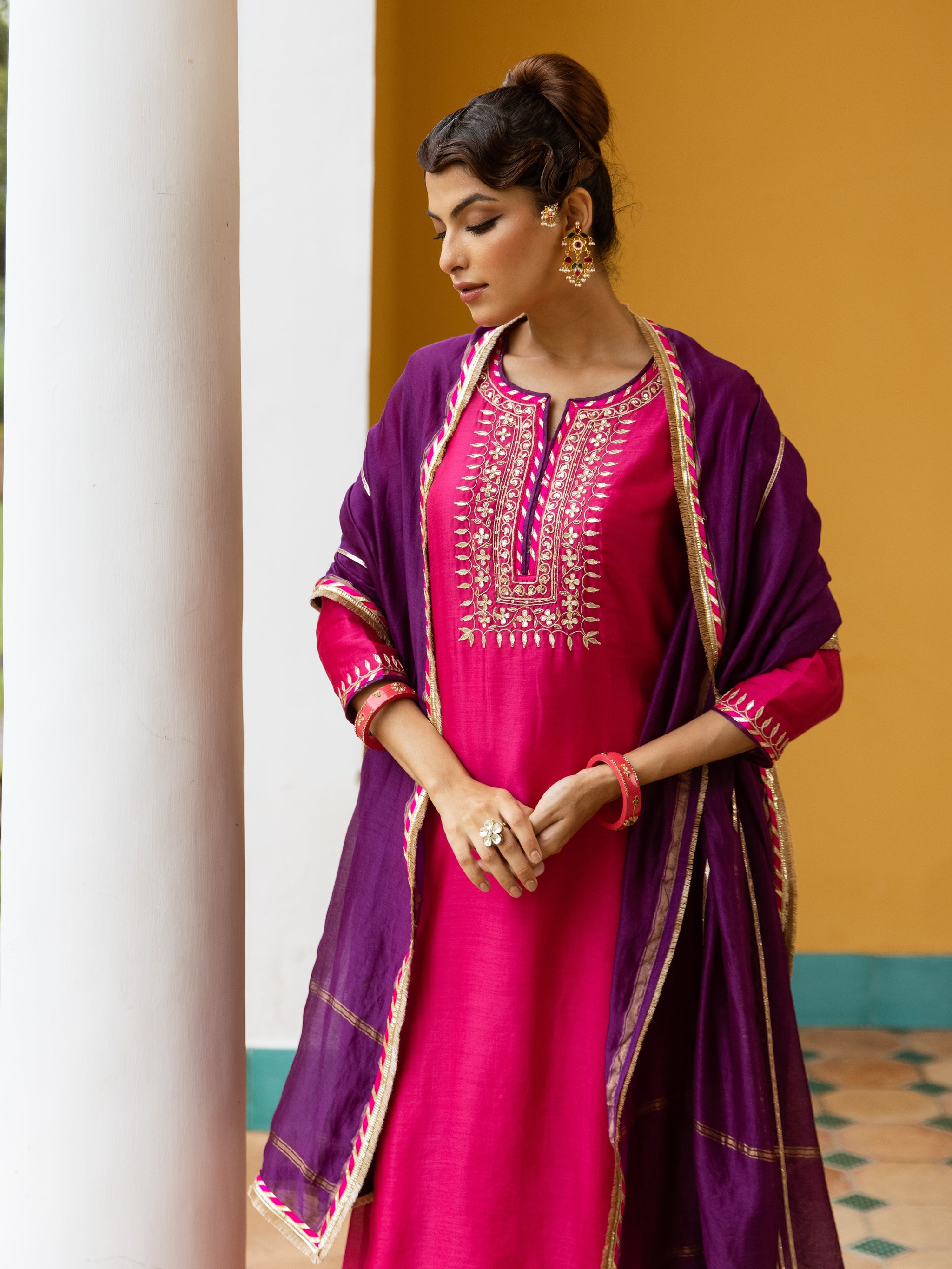 Magenta Chanderi Round Neck Complete Suit Set For Women's