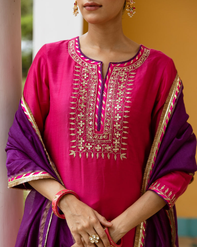 Magenta Chanderi Round Neck Complete Suit Set For Women's