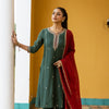 Green And Maroon Chanderi Round V-neck Complete Suit Set For Women's