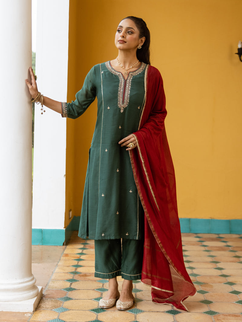Green And Maroon Chanderi Round V-neck Complete Suit Set For Women's