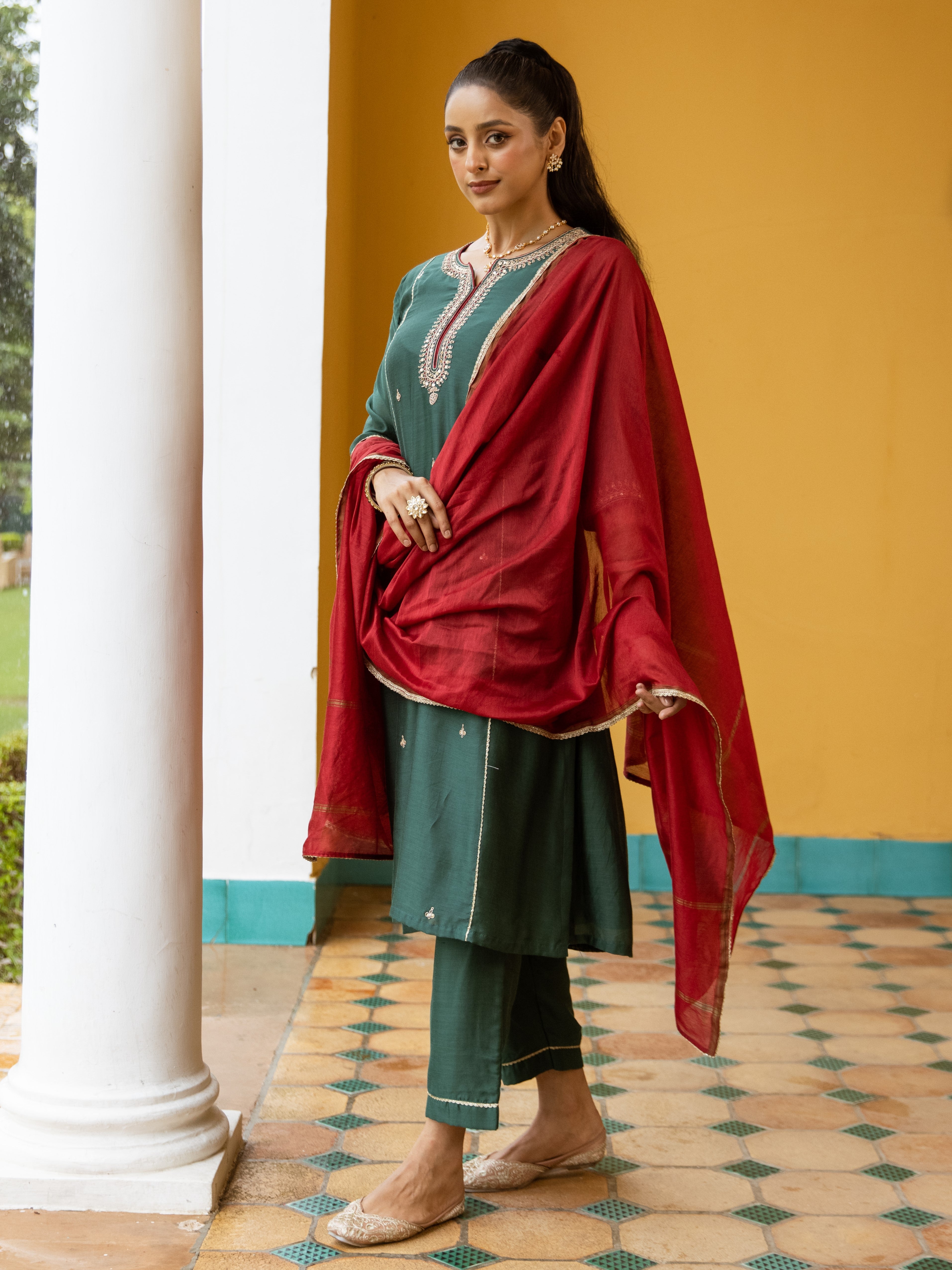 Green And Maroon Chanderi Round V-neck Complete Suit Set For Women's