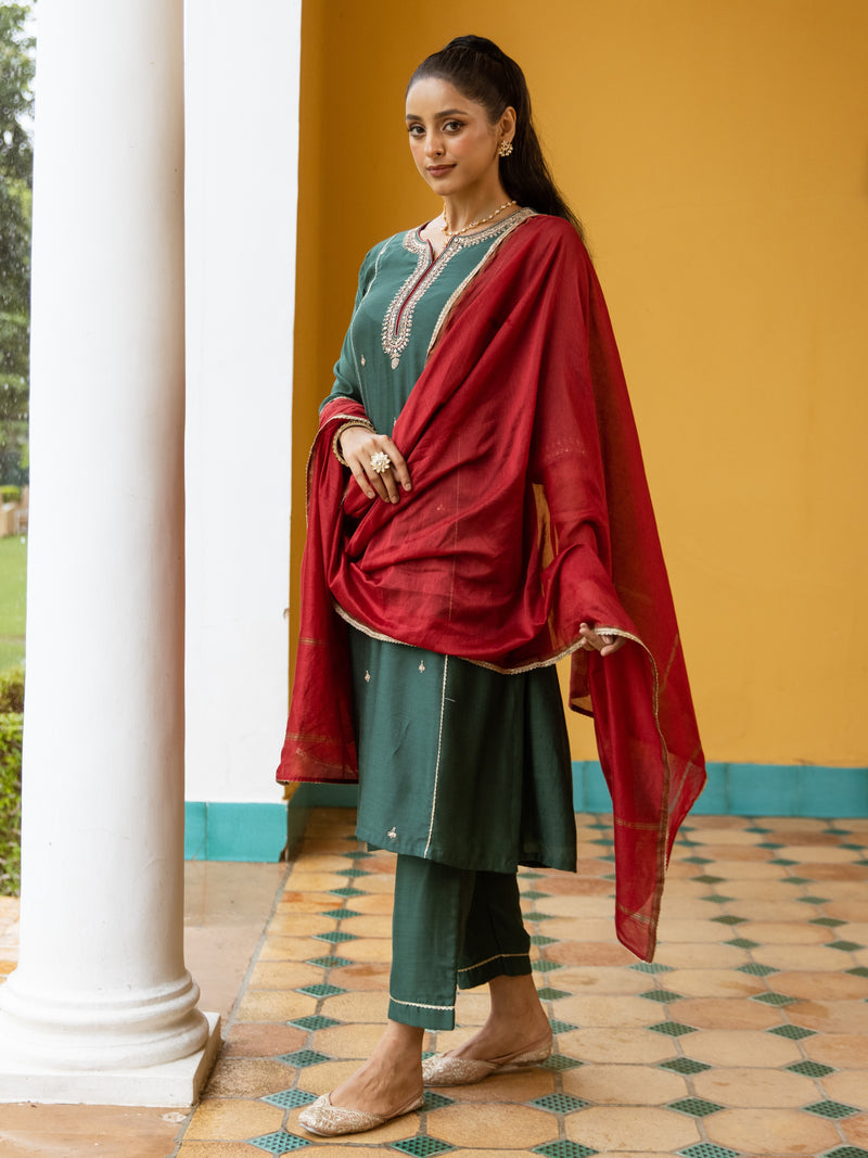 Green And Maroon Chanderi Round V-neck Complete Suit Set For Women's
