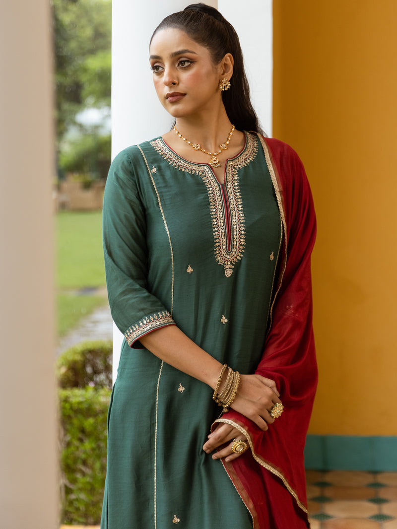 Green And Maroon Chanderi Round V-neck Complete Suit Set For Women's