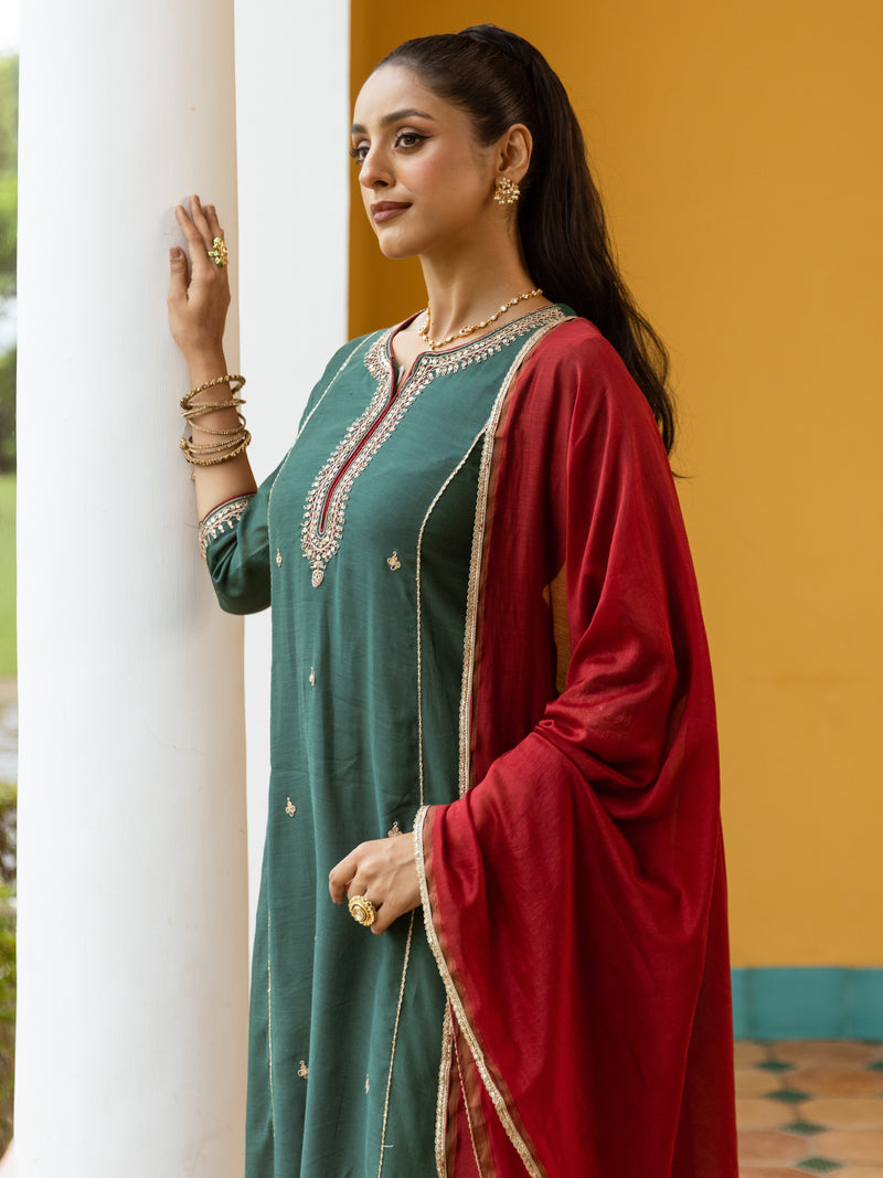 Green And Maroon Chanderi Round V-neck Complete Suit Set For Women's