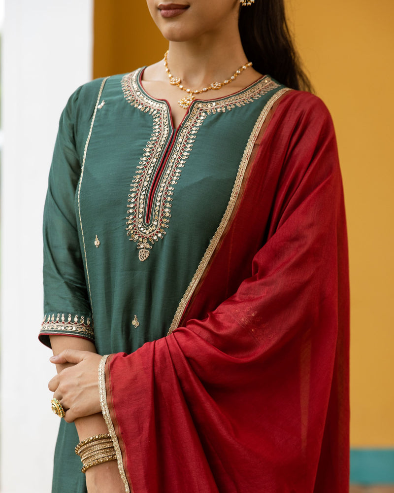 Green And Maroon Chanderi Round V-neck Complete Suit Set For Women's