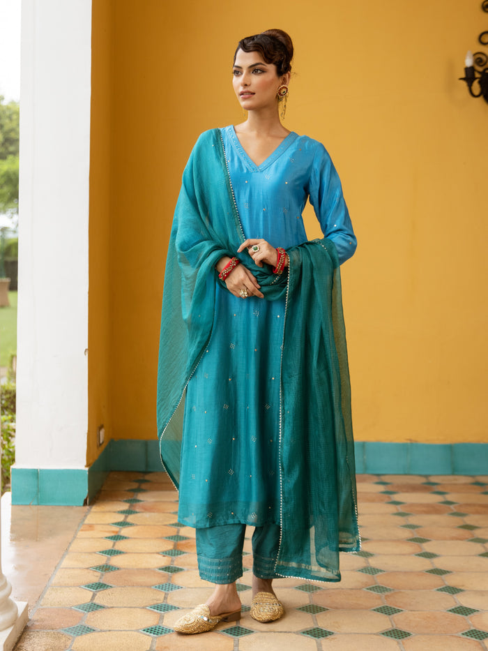 Blue Dyeing Ombre Silk Mul Chanderi Complete Suit Set For Women's