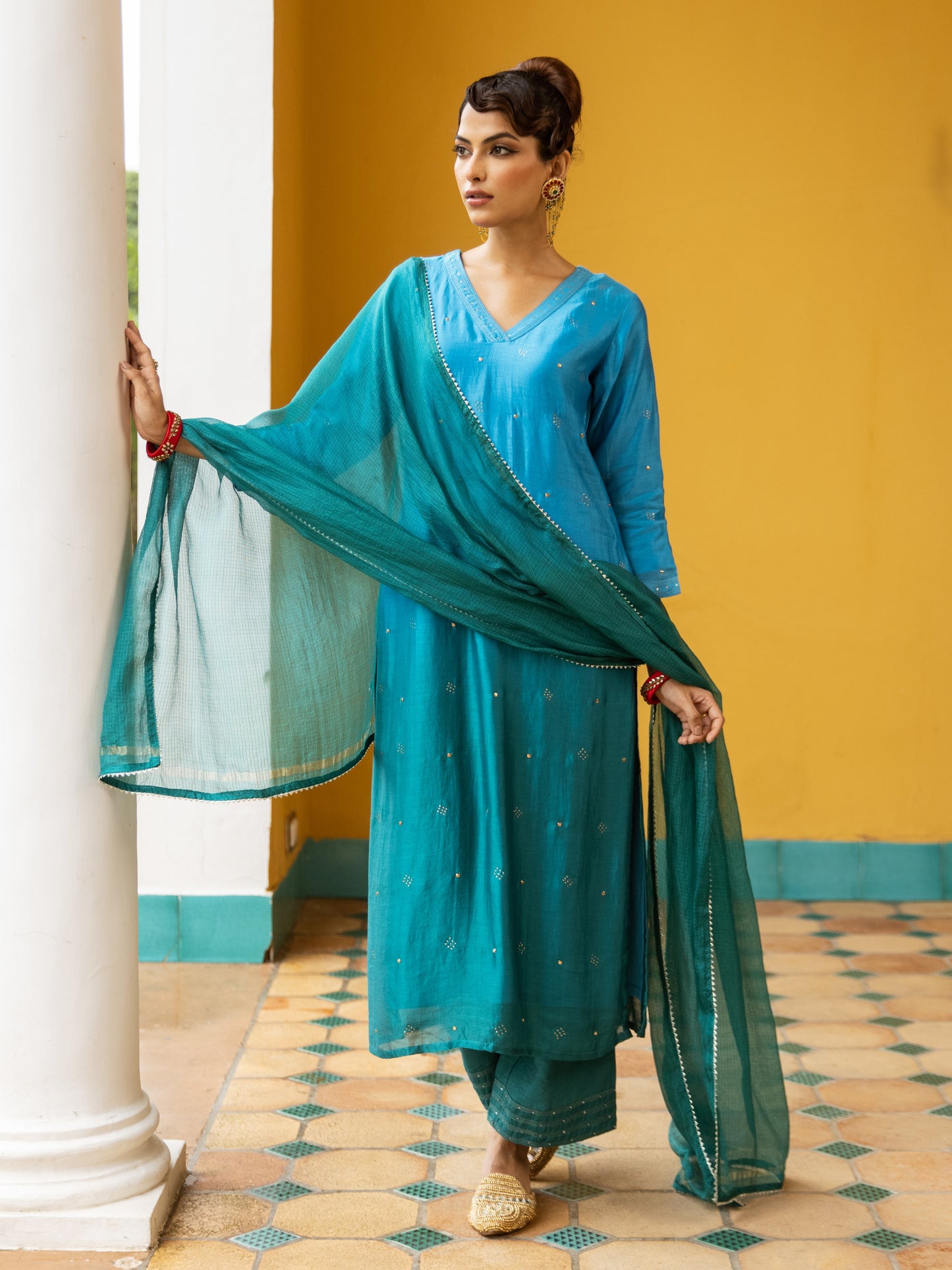 Blue Dyeing Ombre Silk Mul Chanderi Complete Suit Set For Women's