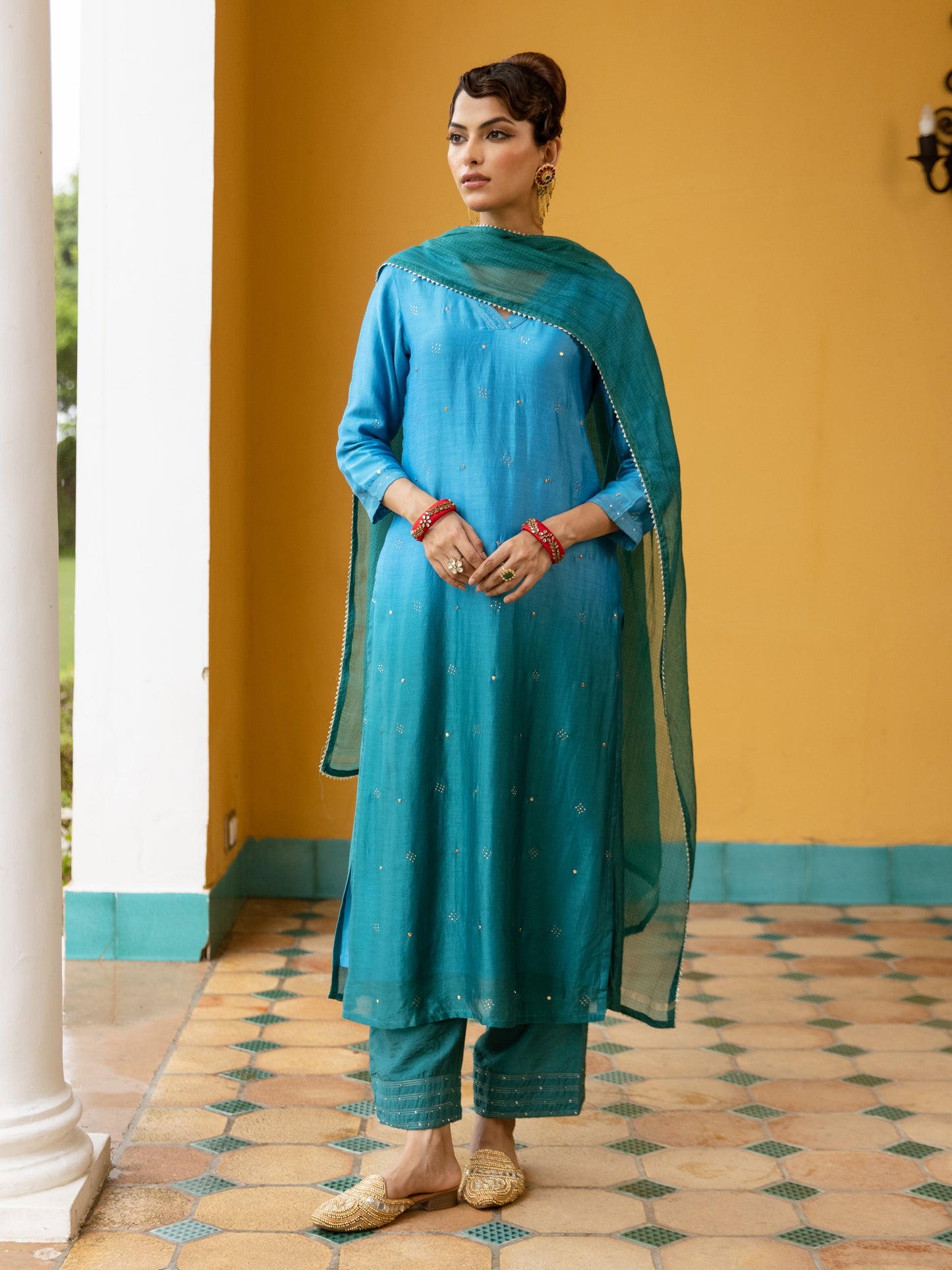 Blue Dyeing Ombre Silk Mul Chanderi Complete Suit Set For Women's