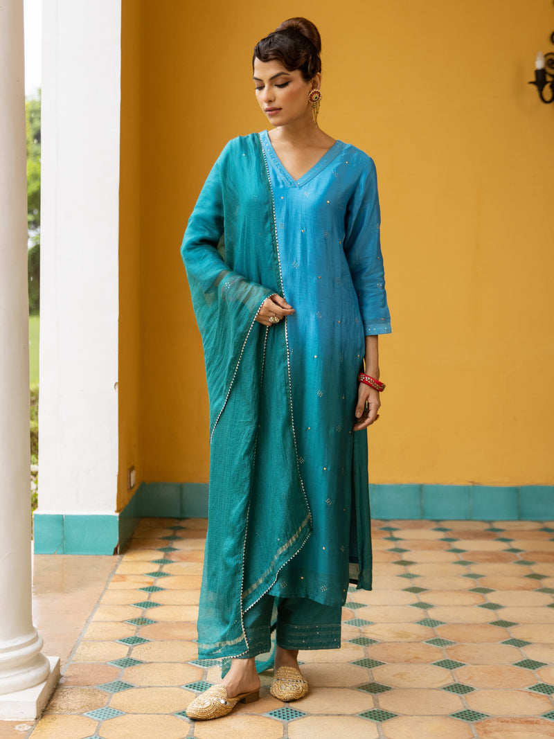Blue Dyeing Ombre Silk Mul Chanderi Complete Suit Set For Women's