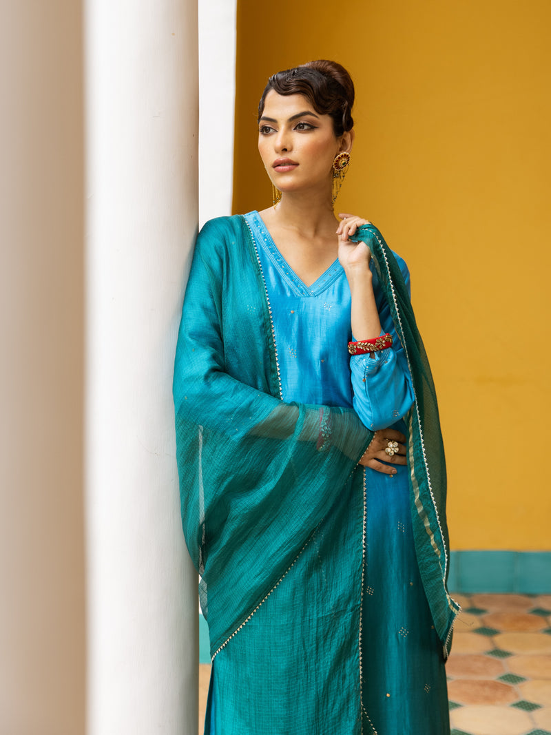 Blue Dyeing Ombre Silk Mul Chanderi Complete Suit Set For Women's