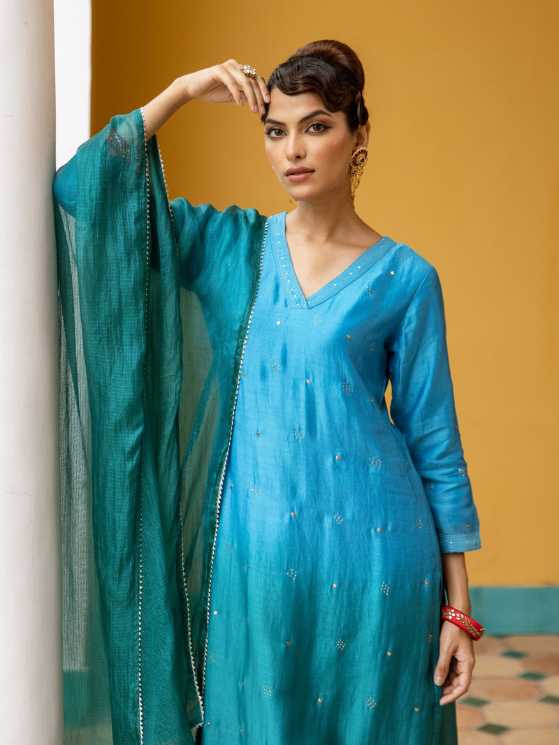 Blue Dyeing Ombre Silk Mul Chanderi Complete Suit Set For Women's