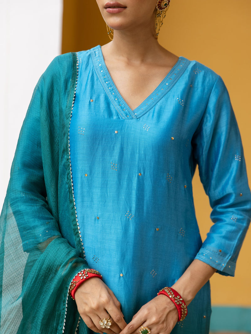 Blue Dyeing Ombre Silk Mul Chanderi Complete Suit Set For Women's
